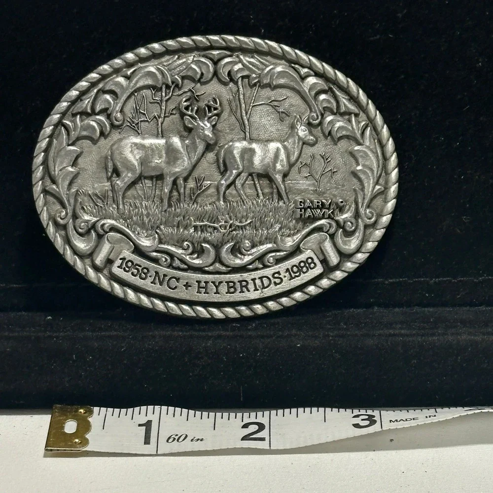 Vintage NC+ Hybrids 30th Anniversary Deer Buck Doe Farm Belt Buckle Gary Hawk